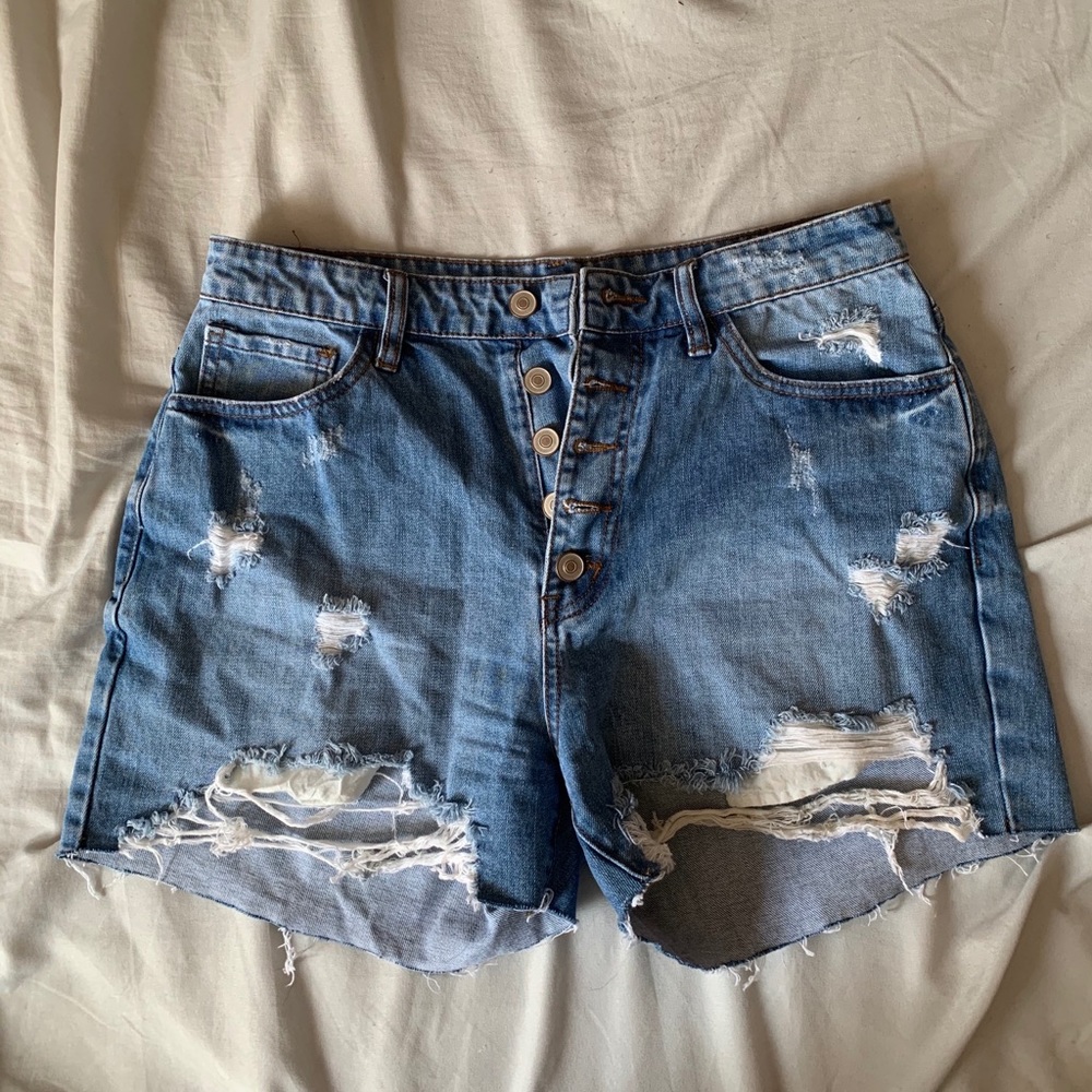 Denim button up distressed jean shorts
